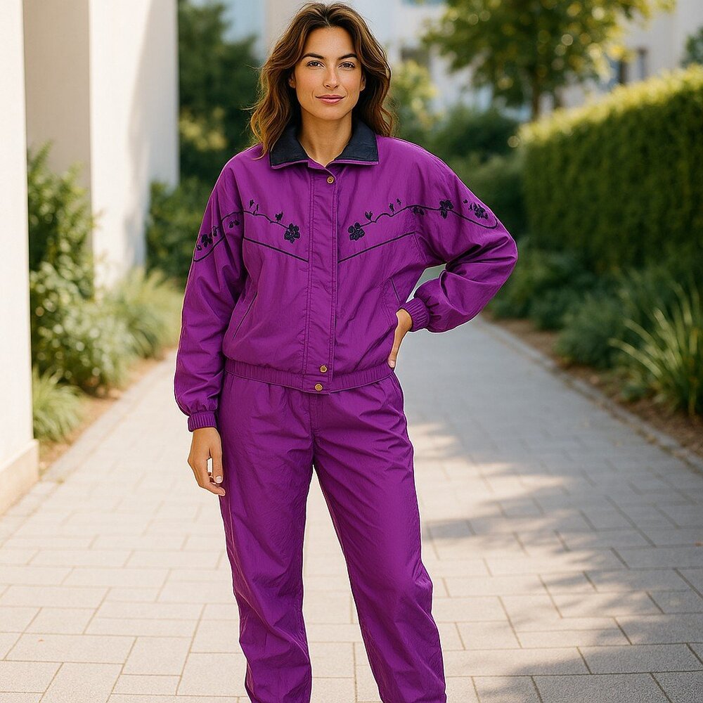 VTG 90's 2 Pc Tracksuit Jacket Pants Women's M Purple Nylon Lined Pockets Lavon